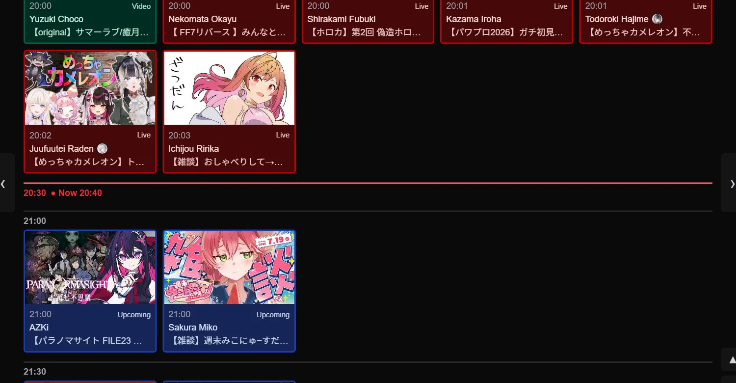 How the colors look on the calendar (live, upcoming, ended, video)