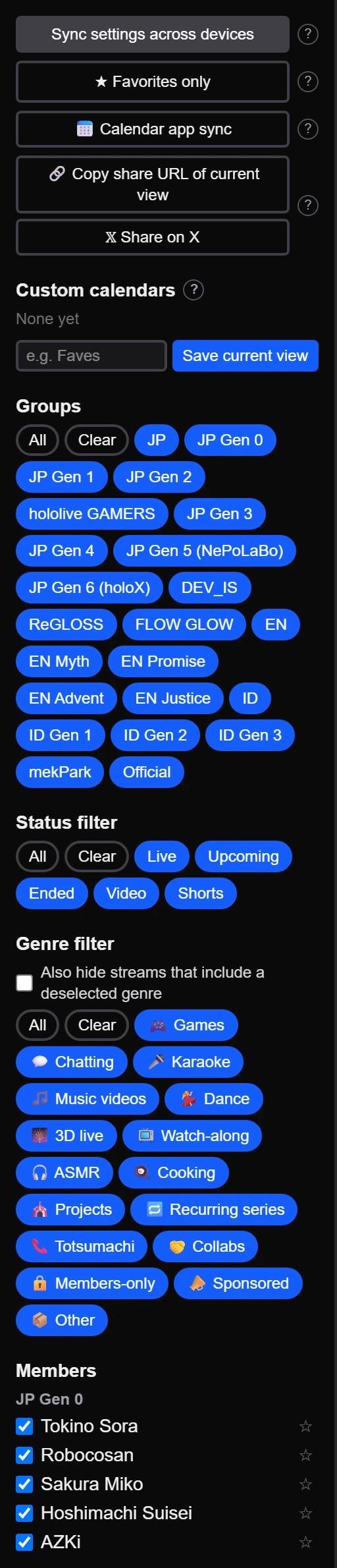 The sidebar (sync, oshi-only view, calendar integration, custom calendars, group/status/genre toggles, member display)
